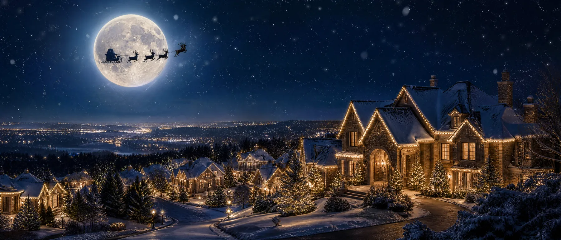 Santa's sleigh crossing the moon over a neighborhood lit in warm white