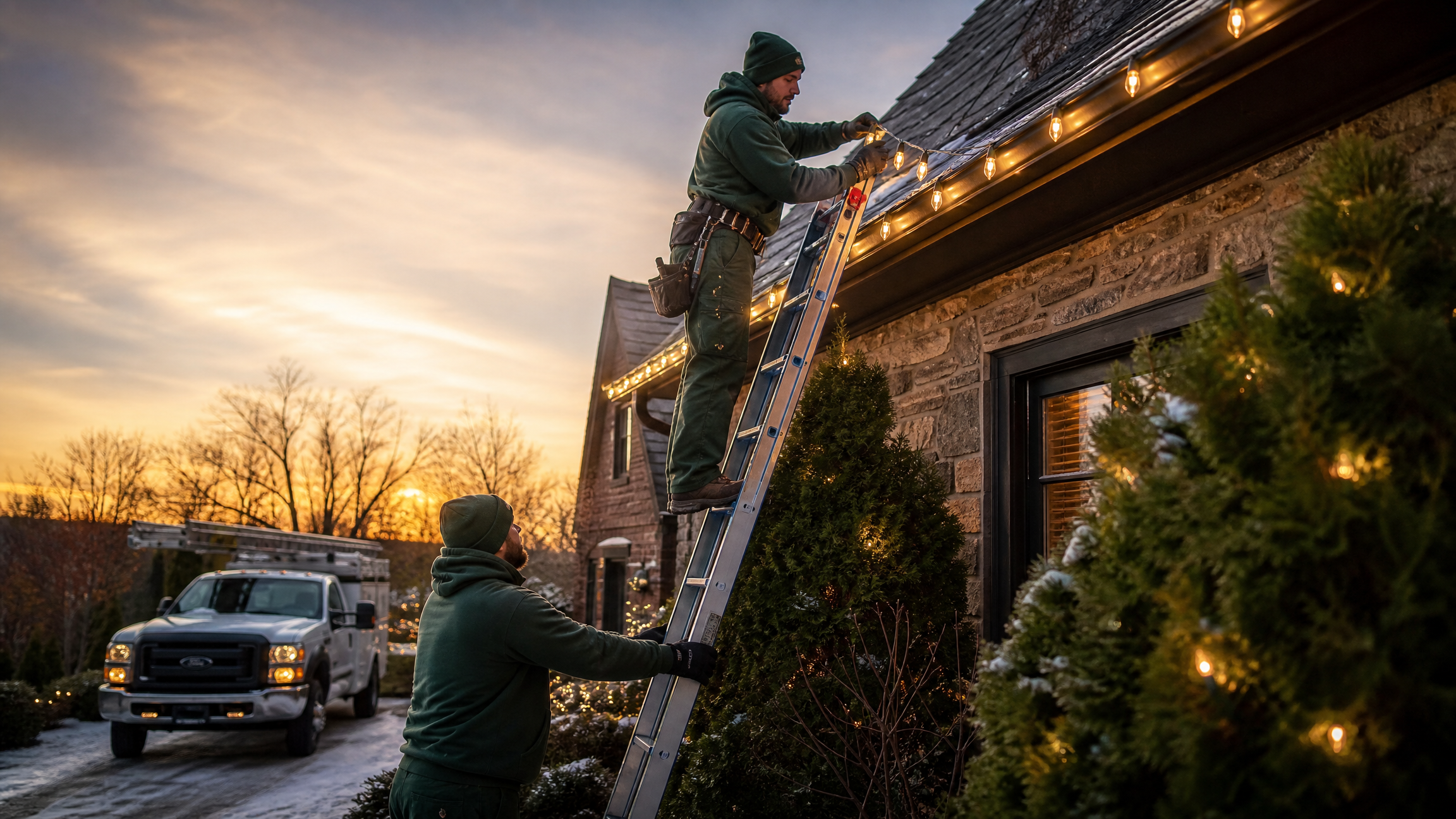 Divine Lighting crew installing at dusk