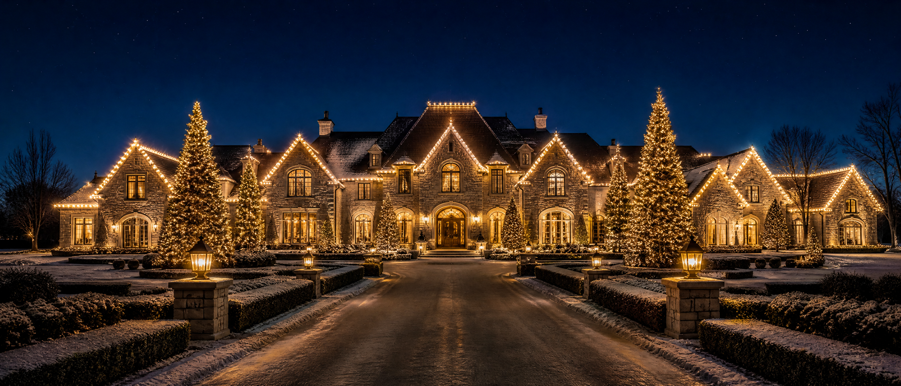 Twilight home with crisp custom-cut rooflines