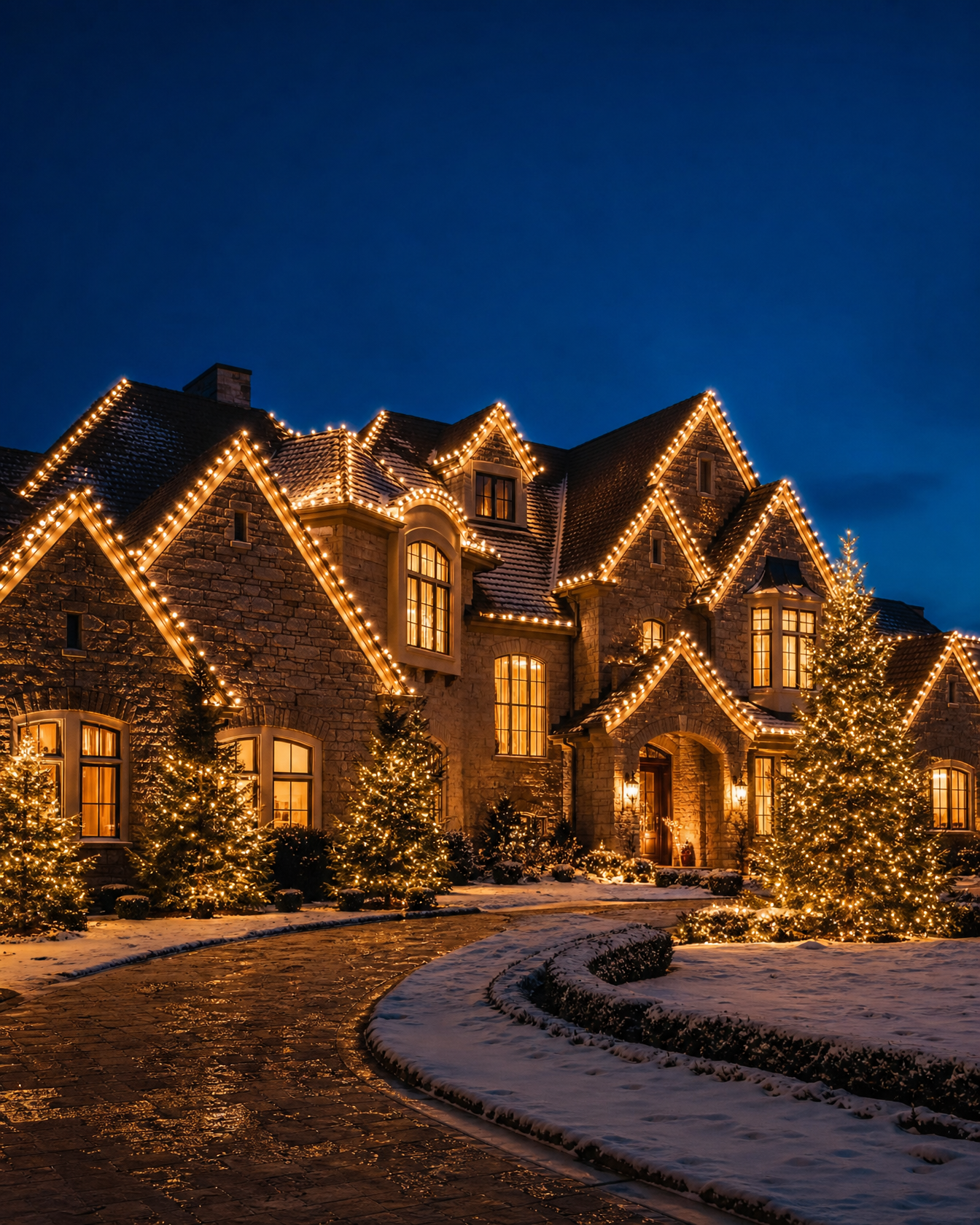 Estate home in warm white lights