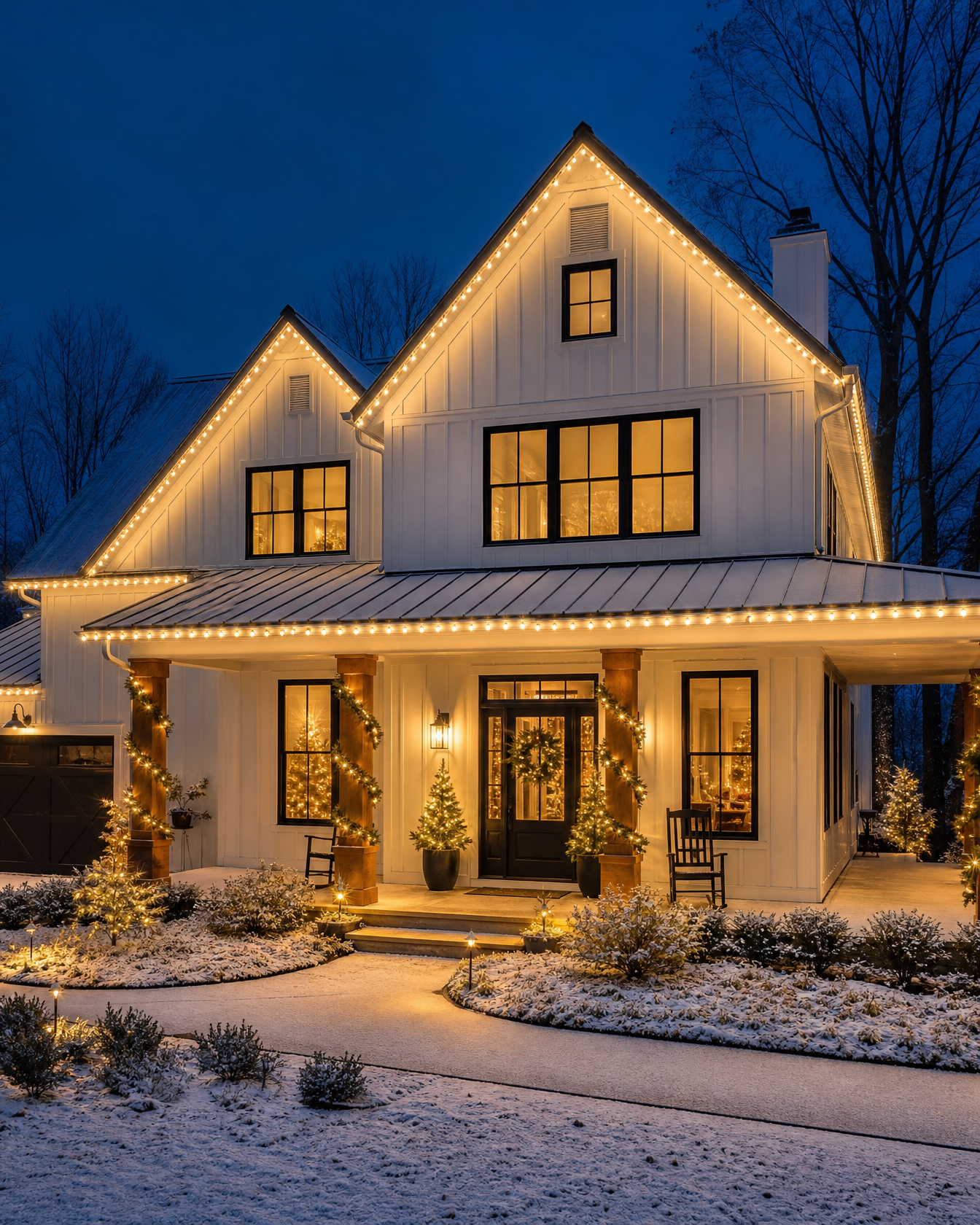 Modern farmhouse in warm white lights